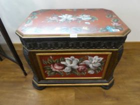 Modern pair of black and gilt floral decorated twin handled chests