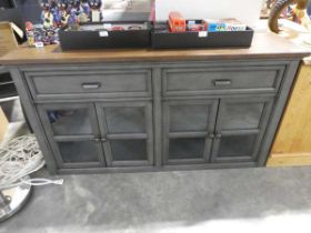 +VAT Dark grey glass fronted cupboard with two drawers and wood effect surface