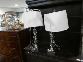 +VAT Modern pair of acrylic and chrome table lamps with cylindrical white shades Shades damaged