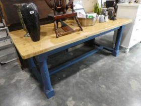 Blue painted rectangular dining table with pine surface