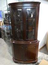 Mahogany effect corner display cabinet with curved frontage