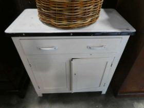 White double door cupboard with single drawer and enamel surface