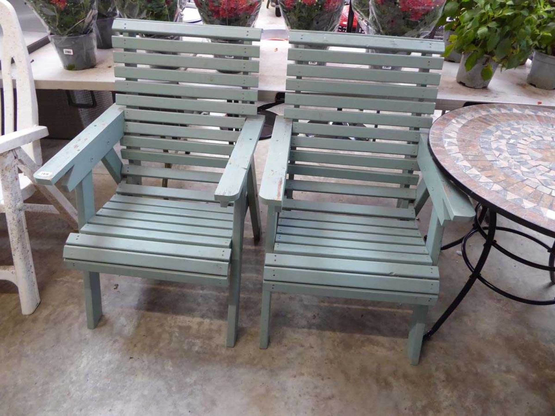 Pair of blue wooden slatted garden armchairs