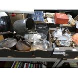 2 crates of various items incl. metalware, tea set, pottery vanity set, etc.