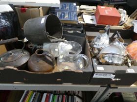 2 crates of various items incl. metalware, tea set, pottery vanity set, etc.