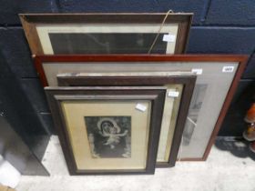 4 various wooden framed black and white prints of children playing with dogs, couple by fire and The