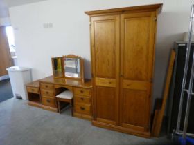 Modern pine bedroom suite comprising double door wardrobe, dressing table with stool and free