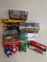 +VAT Selection of cars and train toys with tracks to include a Mighty Express Mechanic Milo Track