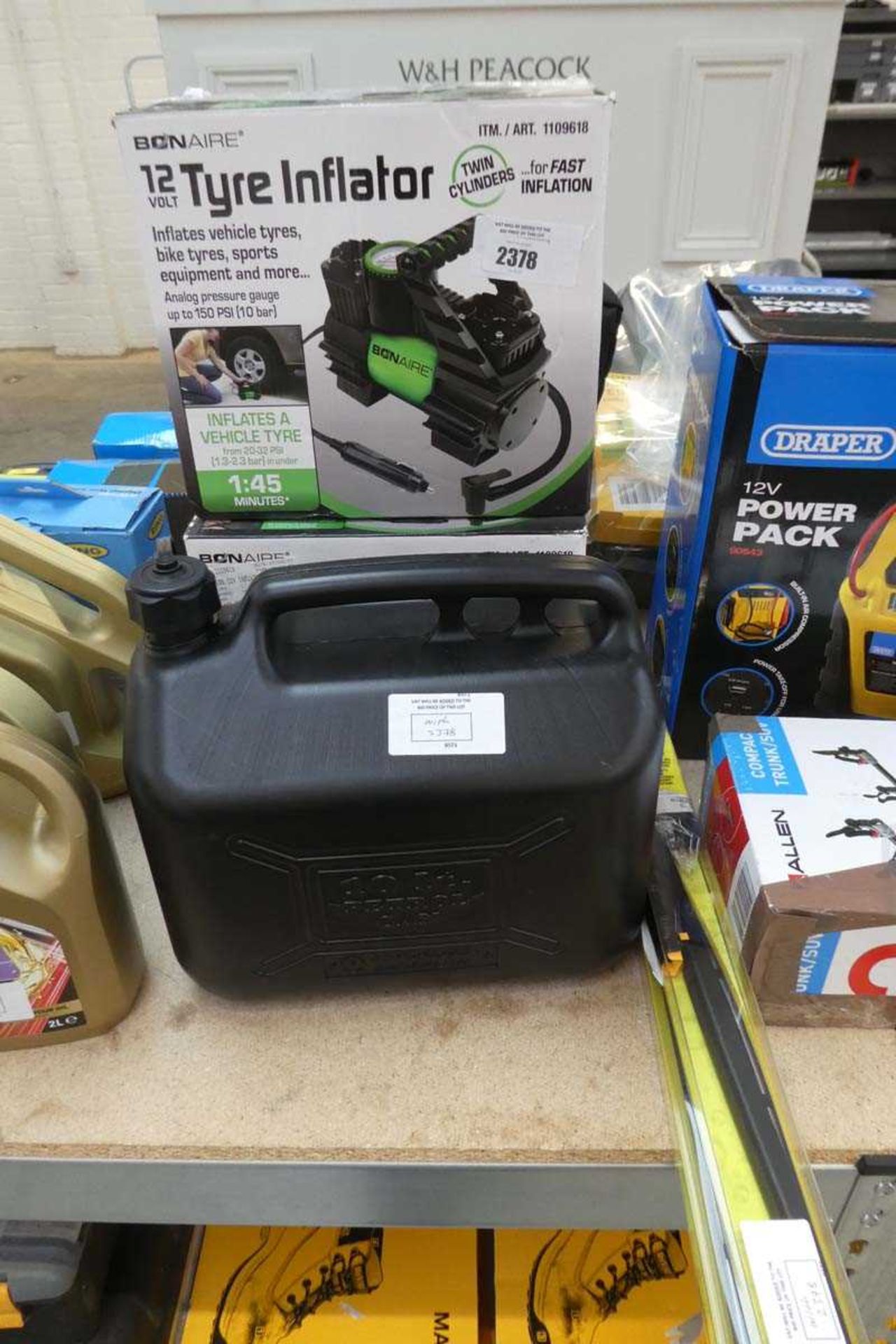 +VAT 2 Bonaire 12V tyre inflators, together with a 10L petrol can 2 Michelin wiper blades