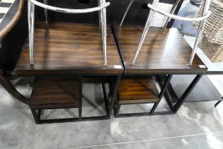 Modern pair of 2 tier metal framed coffee tables with hardwood effect surfaces