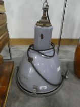 An industrial metal ceiling light fixture, Enamel casing, with the following markings TYP14607