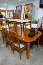 2 tone teak extending dining table with 4 matching check upholstered dining chairs, Manufactured