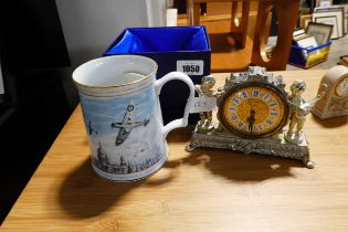 Miniature Splendex white metal mantle clock and a collectible Royal Air Force museum