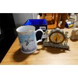 Miniature Splendex white metal mantle clock and a collectible Royal Air Force museum