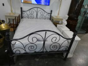 Modern wrought metal double bed frame with Wheatcroft Blenheim pocket sprung mattress