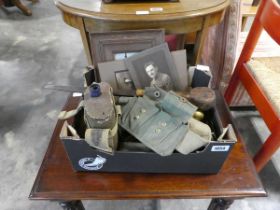 Crate of militaria and ephemera including canvas covered water bottle, photographs, canvas