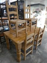Farmhouse style pine dining table with 6 matching beech chairs