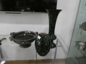 Large floral black and green vase together with further smaller vase and a blue glaze Sia bowl