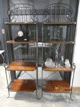 Modern pair of wrought metal and wooden shelving units
