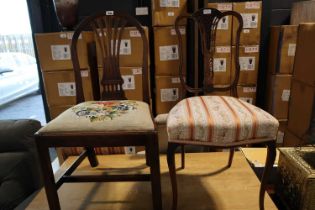 2 wooden framed bedroom chairs: 1 upholstered floral striped seat and 1 tapestry upholstered seat