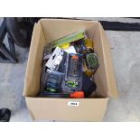 Box containing qty of fishing accessories by Fox, Corda, Whichwood etc to include hand towels,