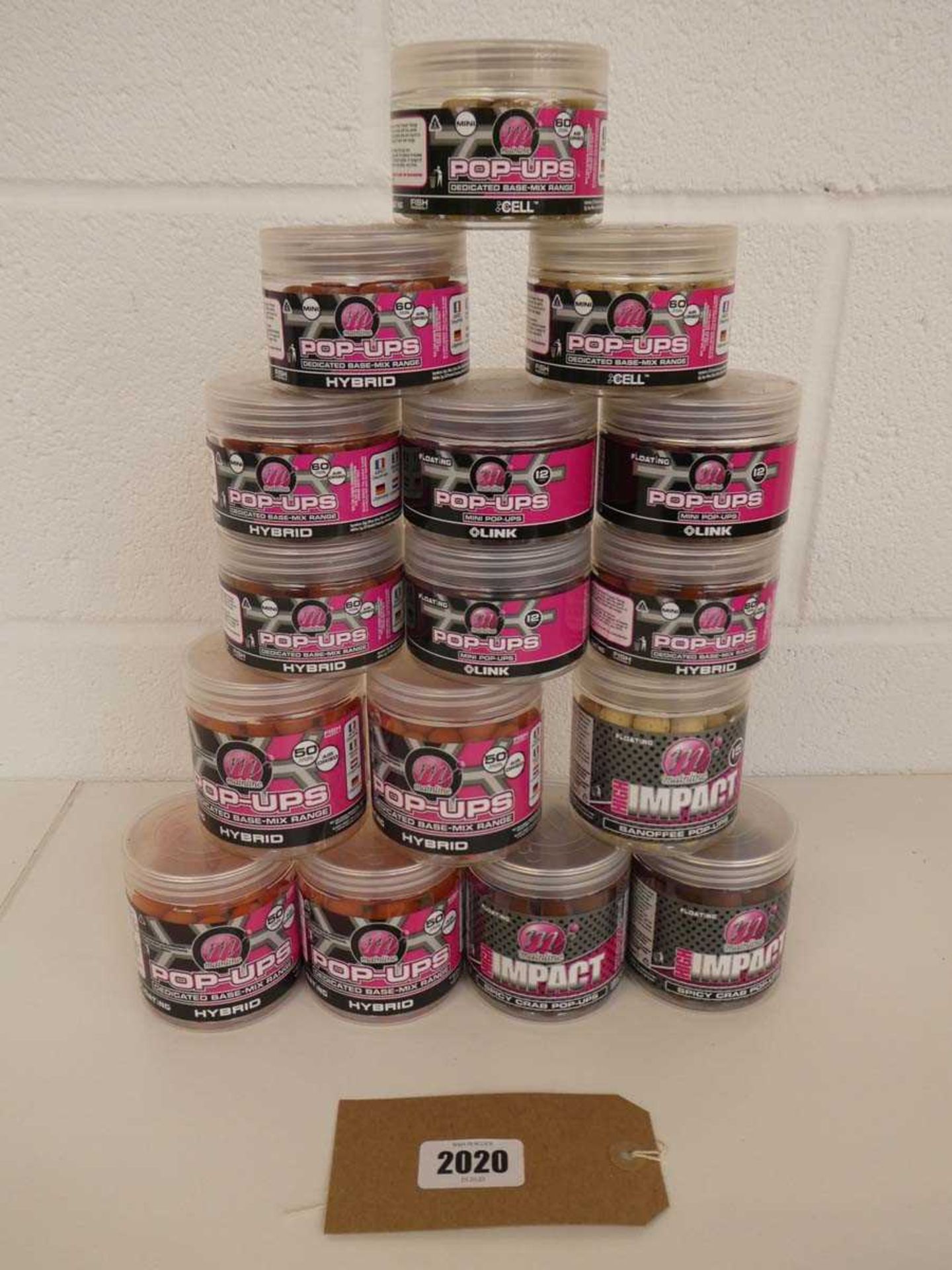 16 tubs of Mainline pop-up boilies incl. hybrid, link, cell and spicy crab