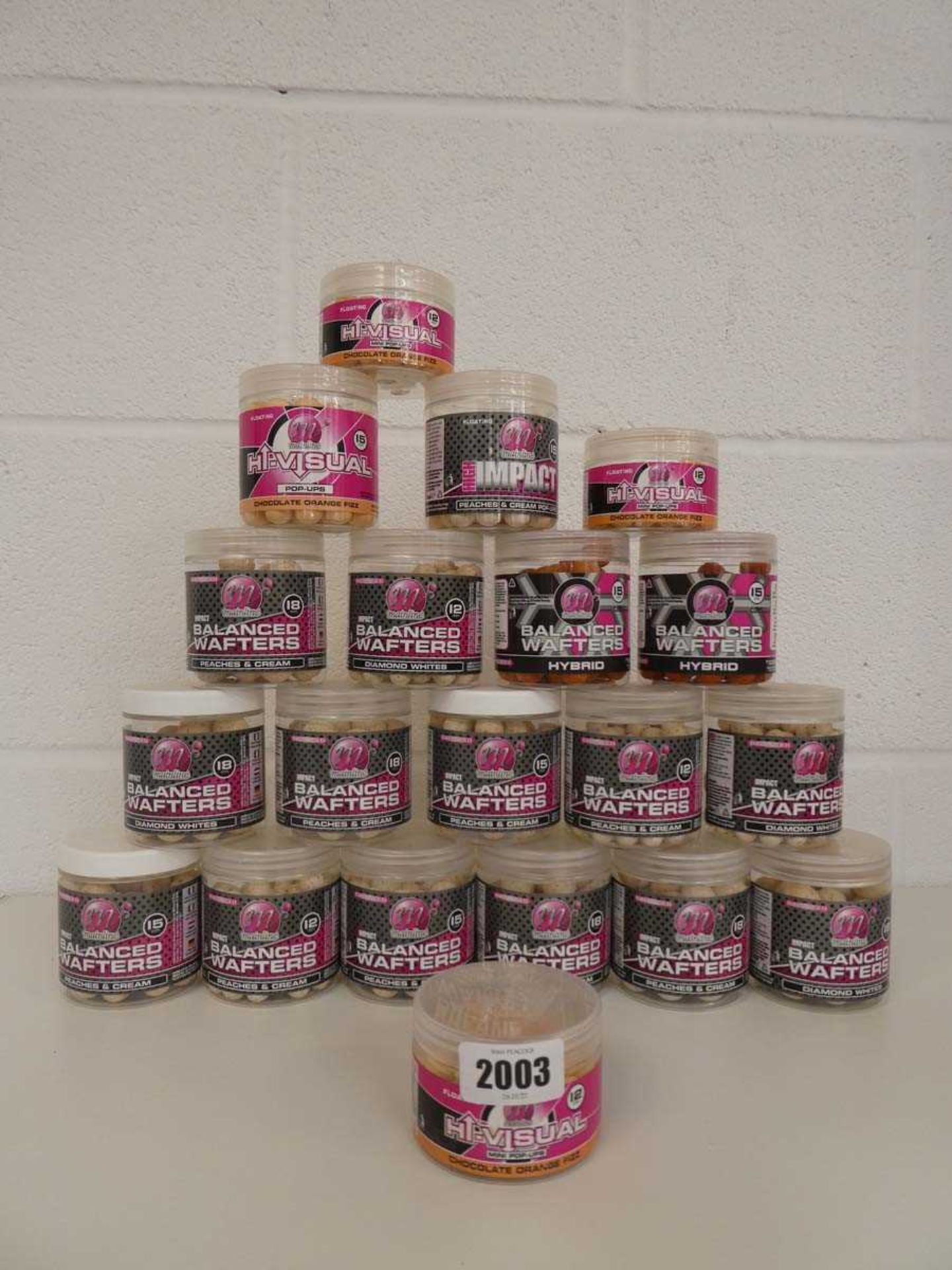 20 tubs of Mainline fishing bait incl. balanced wafters, hi-visual pop-ups, etc. incl. flavours