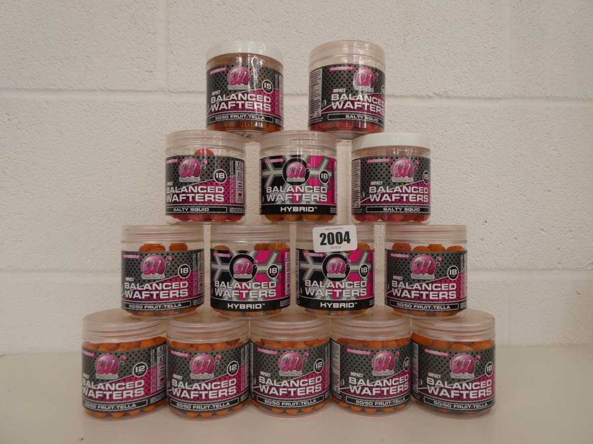 14 tubs of Mainline balanced wafters carp fishing bait incl. fruitella, salty squid and hybrid