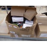 Box containing qty of mixed electrical items to include LED floodlights, strip lights, multi