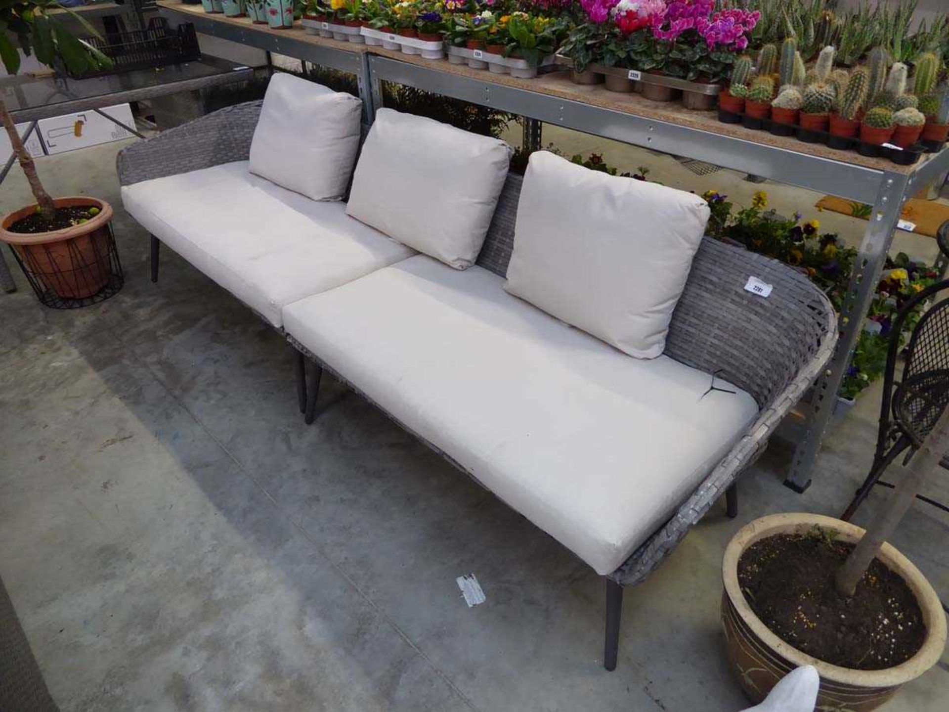 +VAT Grey rattan 6 seater garden sofa with matching light grey cushions