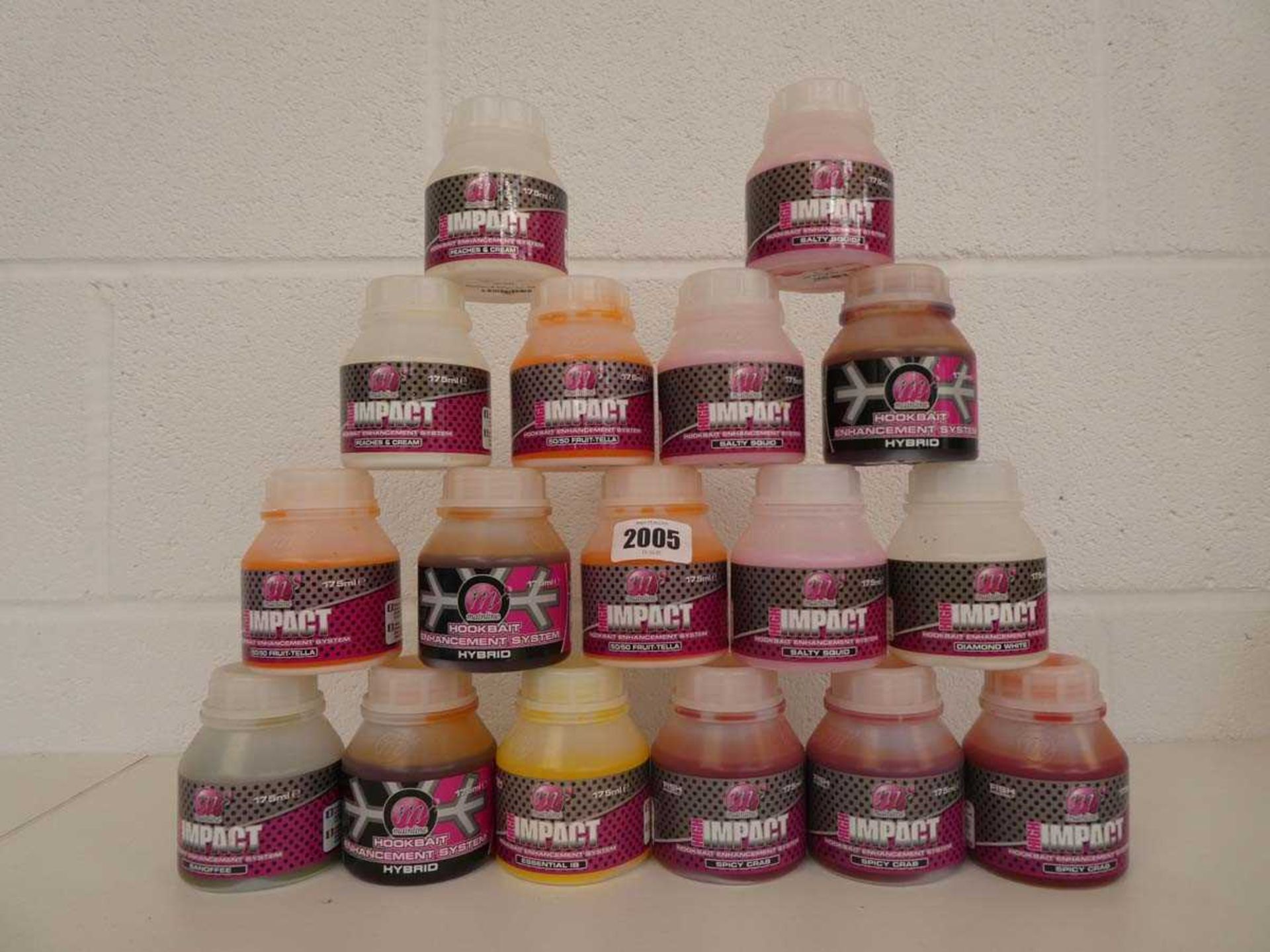 17 tubs of Mainline hook bait enhancing flavourings incl. spicy crab, hybrid, fruitella, salty