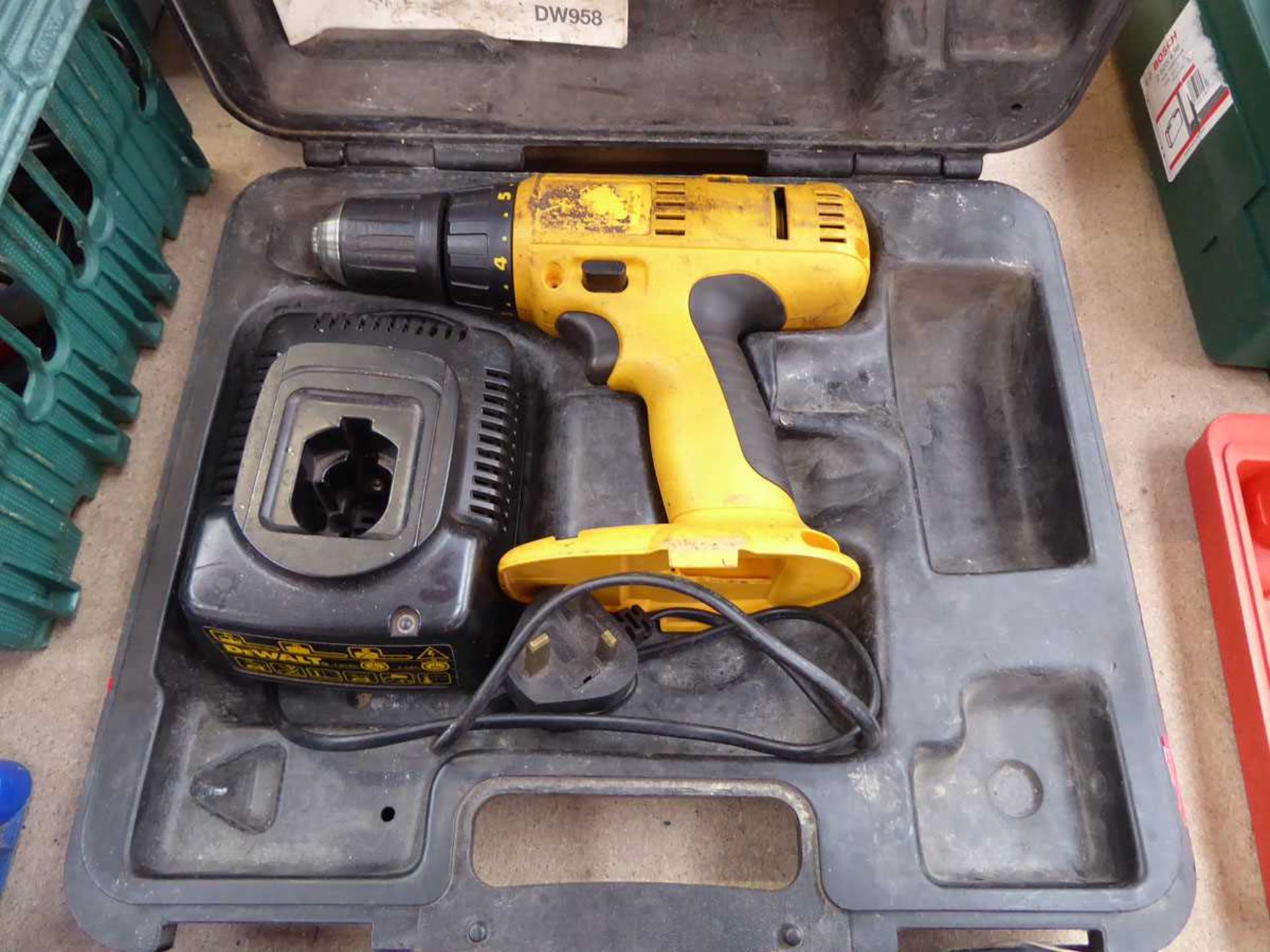 Cased DeWalt drill (no battery) with charger plus cased drill with 2 batteries (no charger) - Image 2 of 3