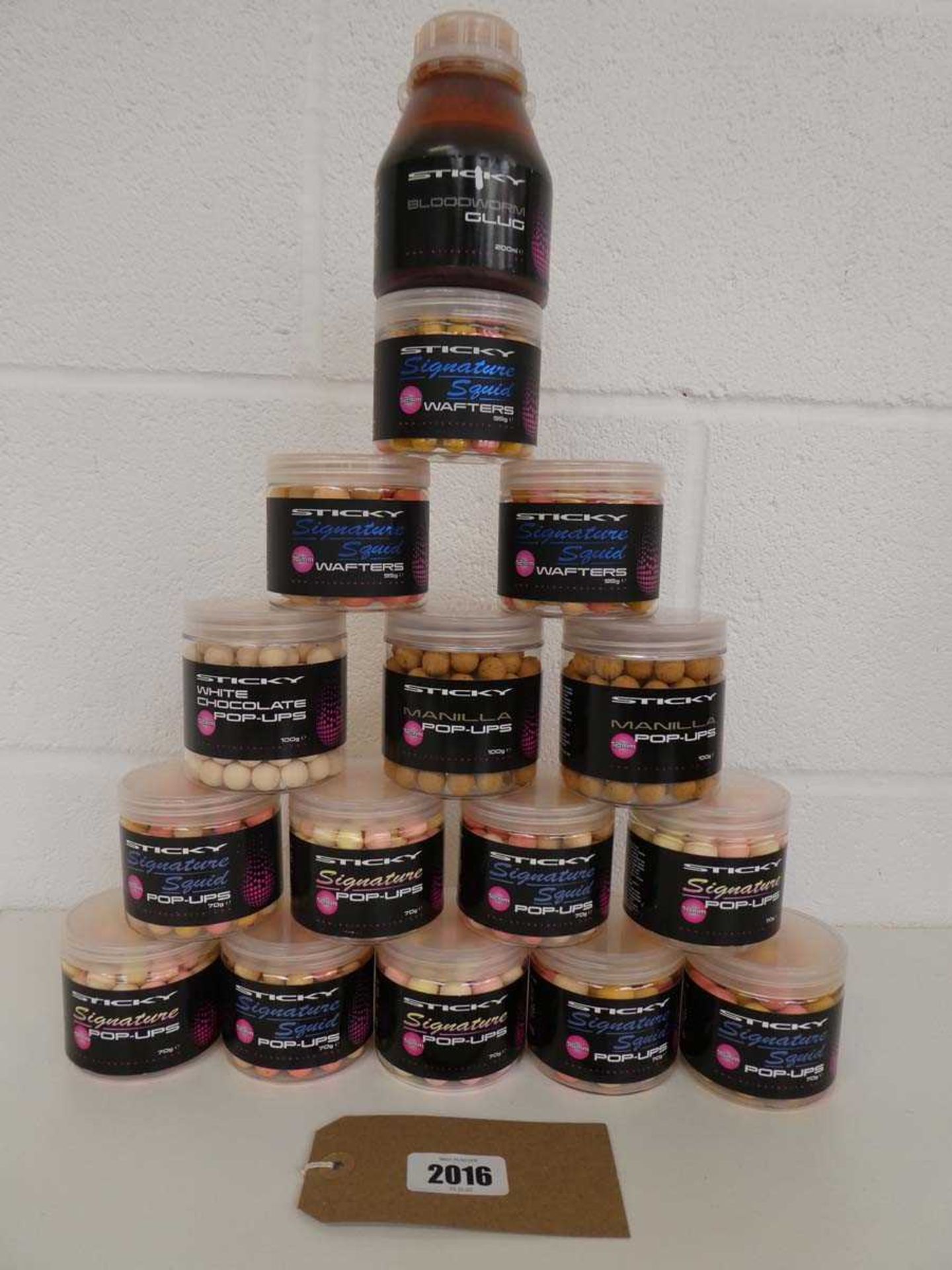 15 tubs of Sticky fishing bait incl. pop-ups, wafters, etc. with flavours incl. signature squid,