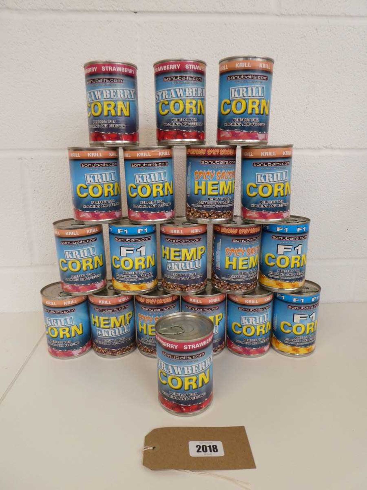 19 cans of Sonubaits hemp and corn incl. krill corn, F1 corn, strawberry corn, etc. (best before