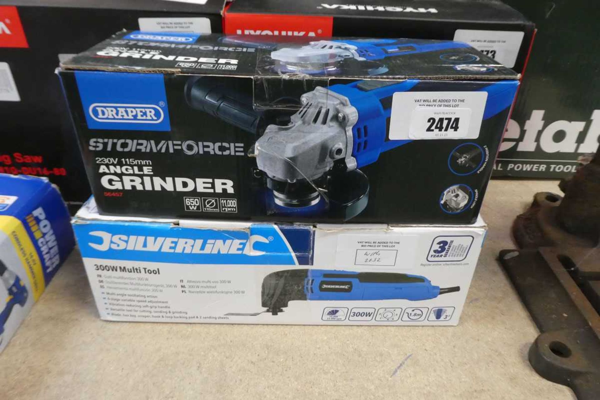 +VAT Boxed Draper 230V 115mm angle grinder with boxed Silverline 300W multitool
