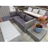 +VAT Grey rattan L-shaped garden sofa set with matching dark grey cushions and matching footstool