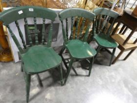 Set of 3 green painted pine spindle back dining chairs