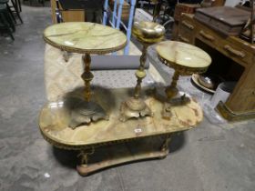 Marble effect and brass coffee table together with 2 matching side tables and a matching standing