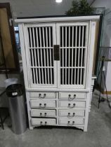 +VAT White Tsang cabinet with lattice front doors and 8 lower drawers