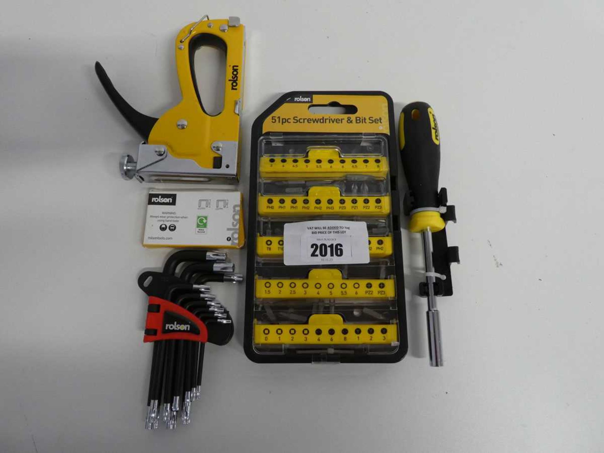 +VAT Set of Rolson tools incl. screwdriver, 51 piece screwdriving bit set, Allen keys and staple
