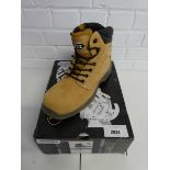 Boxed pair of V12 Footwear steel toe work safety boots in tan (size 10)