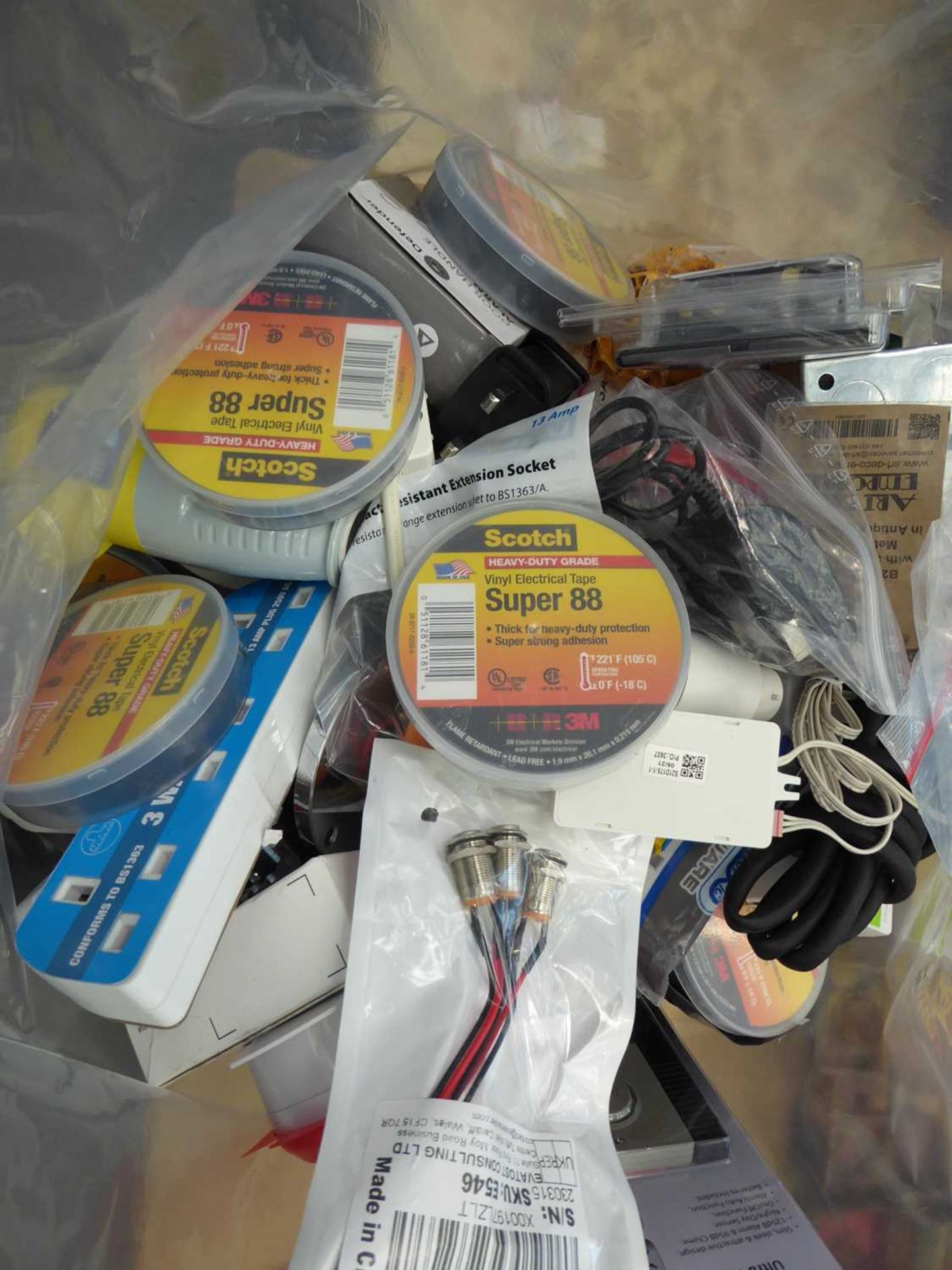 +VAT Electrical products including electrical tape, switches, alarms, sockets, cable ties etc