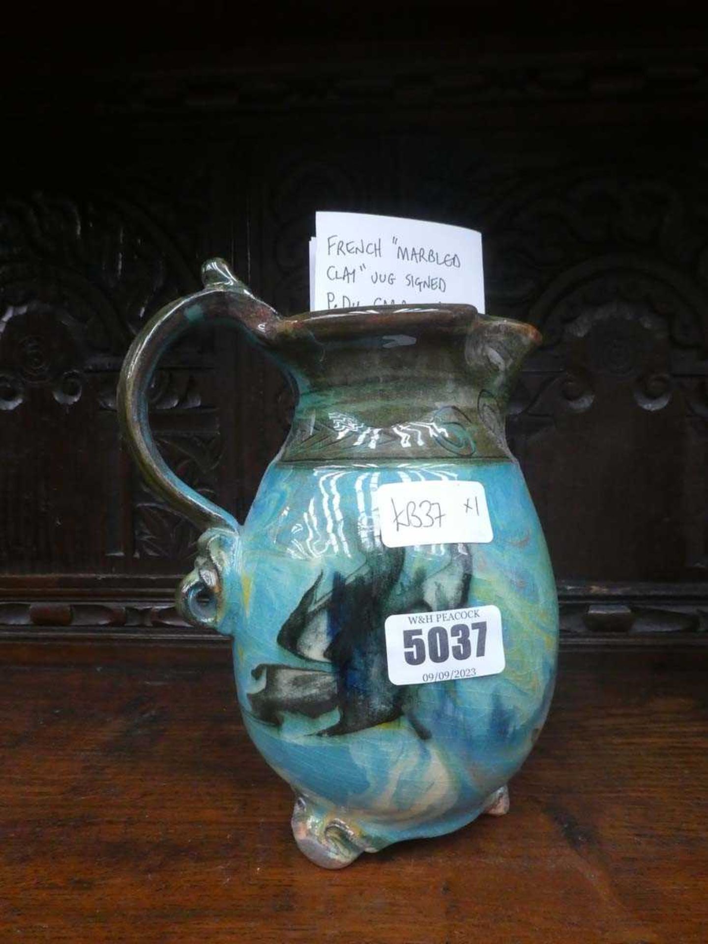 French marbled clay jug, manufacturers name- Poterie du Cabirou