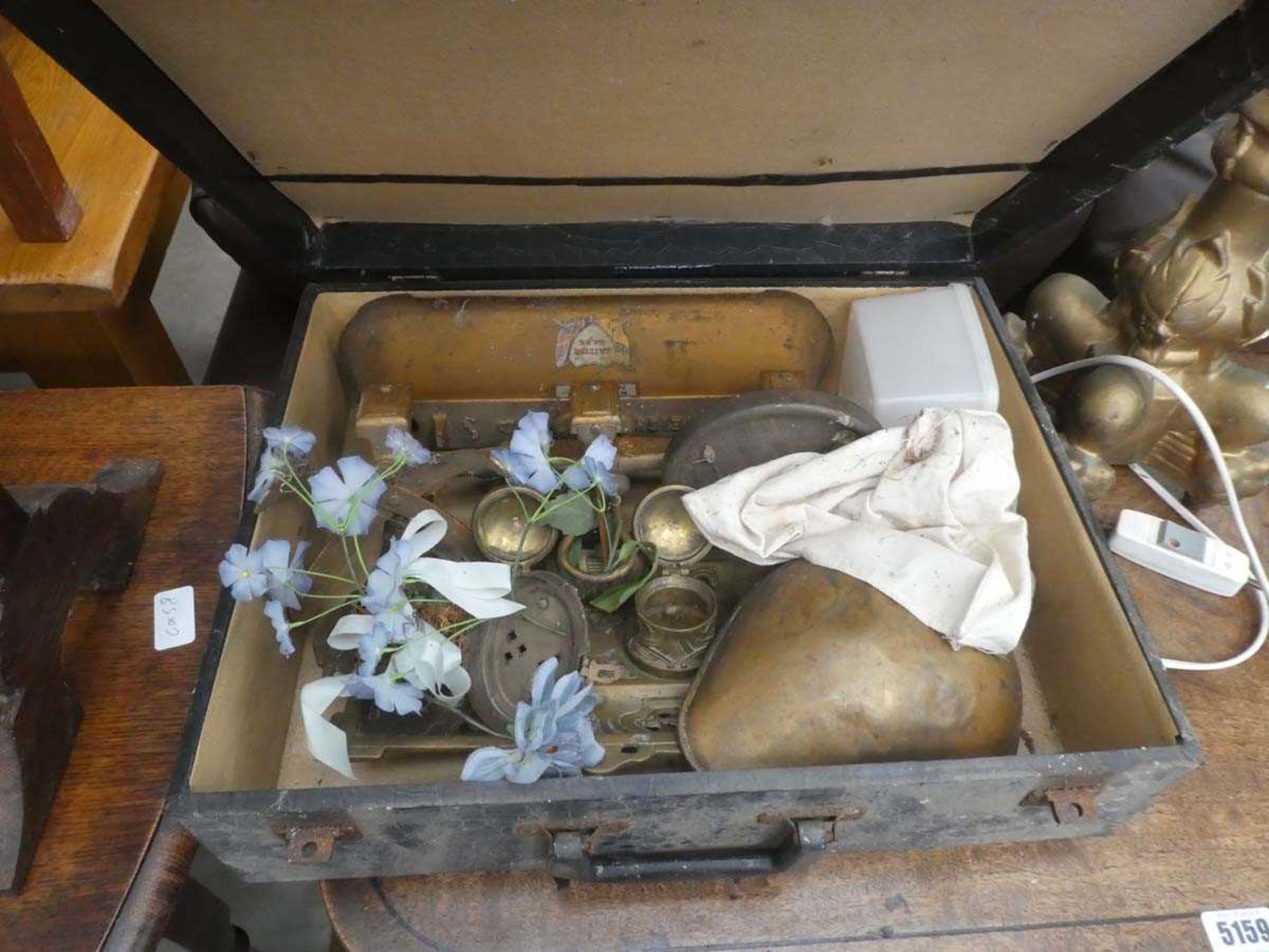 Vintage case with kitchen scales and a brass desk tidy