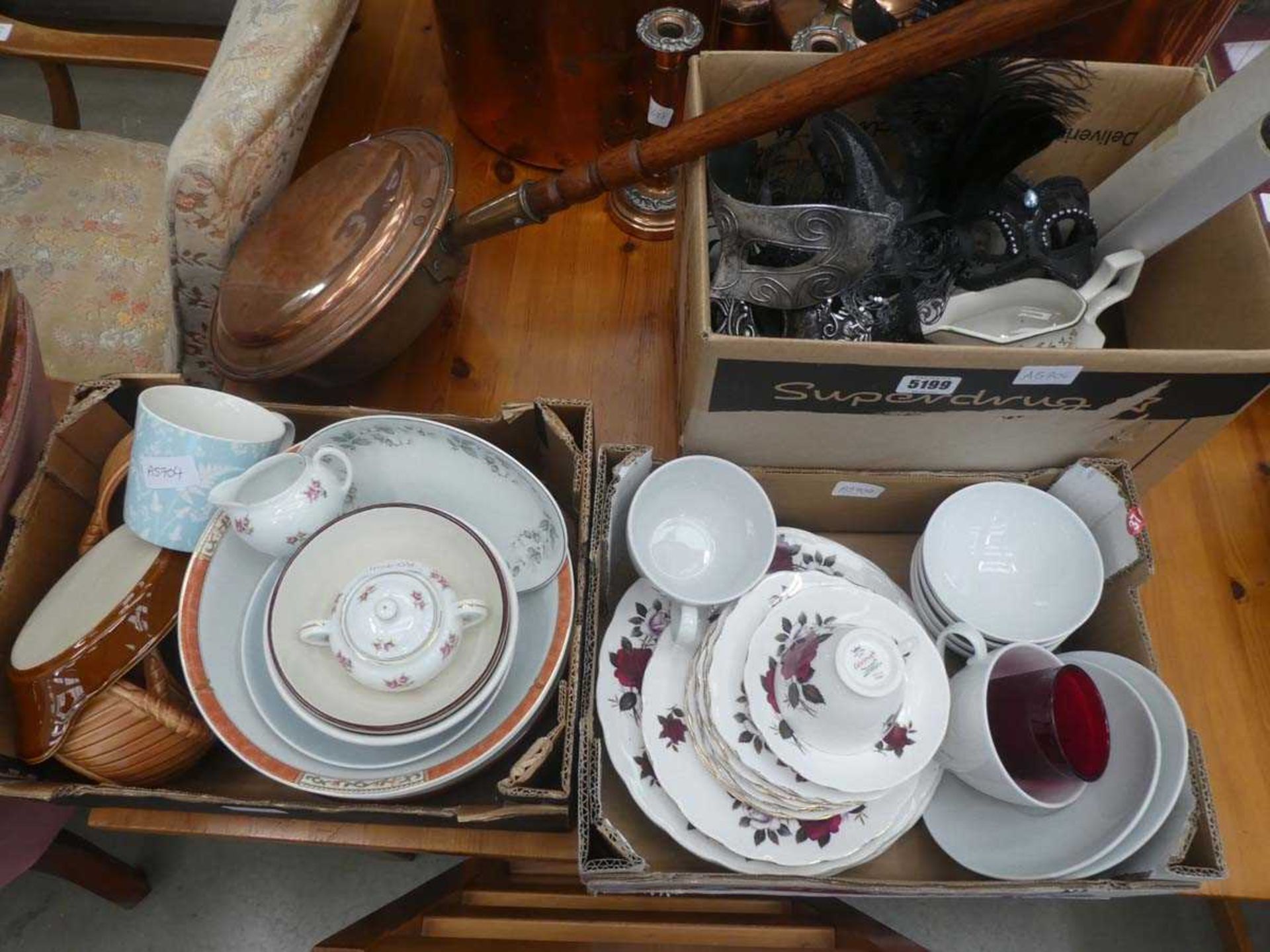 3 x boxes containing Colclough's Eternal Beau and Czechoslovakian crockery plus Venetian style masks