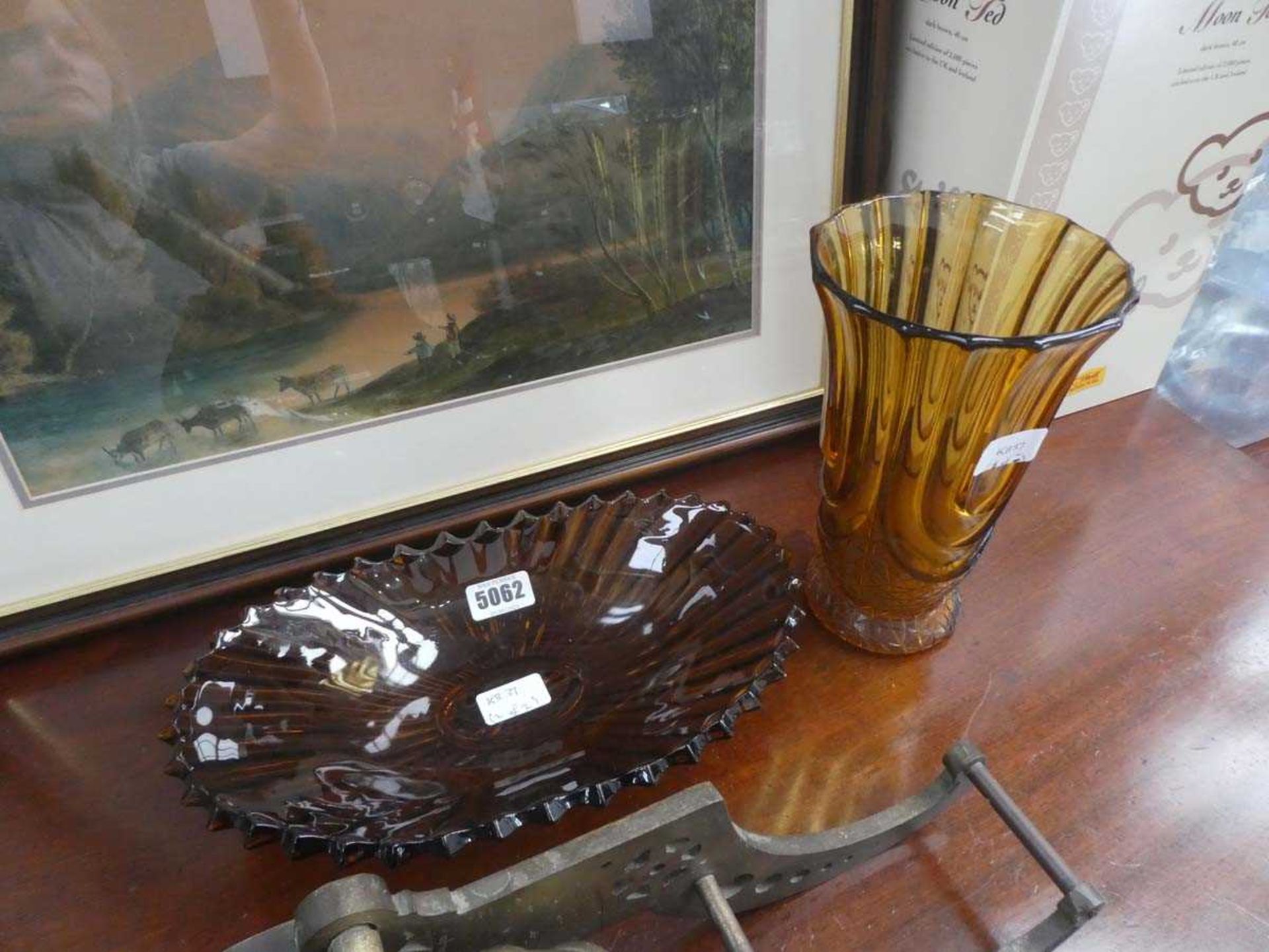 Amber glass dish plus a art deco vase, possibly 1930's belgium 'Henri Heemskerk'