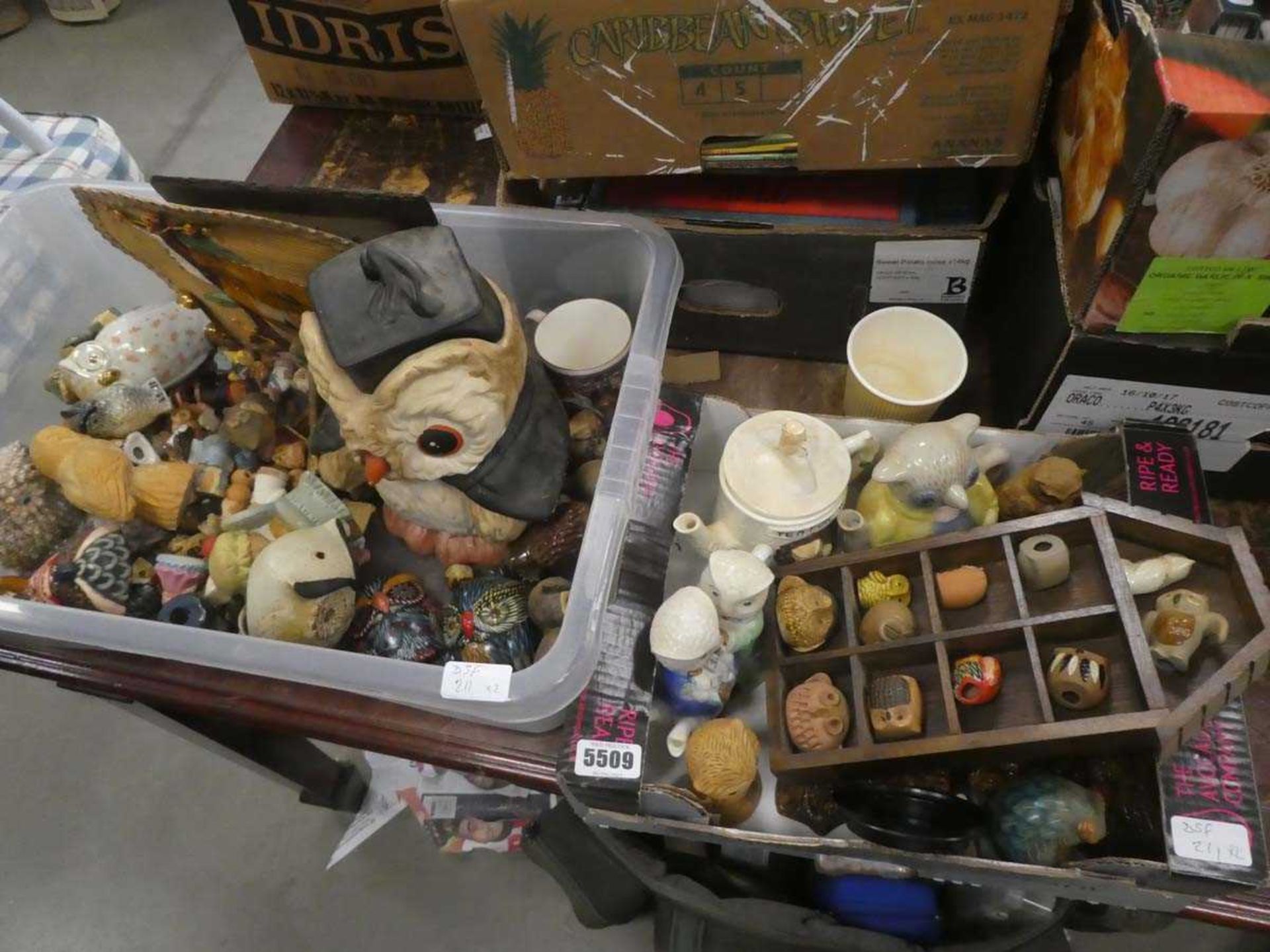 2 boxes containing a quantity of ornamental owls plus a biscuit barrel