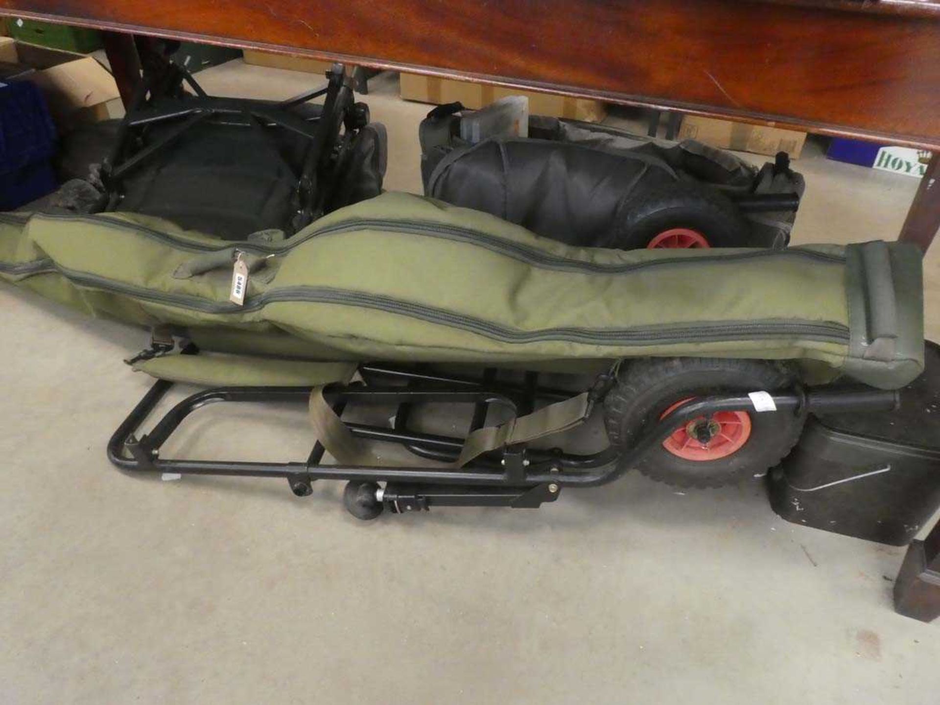 Underbay with fisherman's trolley, canvas rod bag, coarse fishing rods, tackle and fisherman's seat