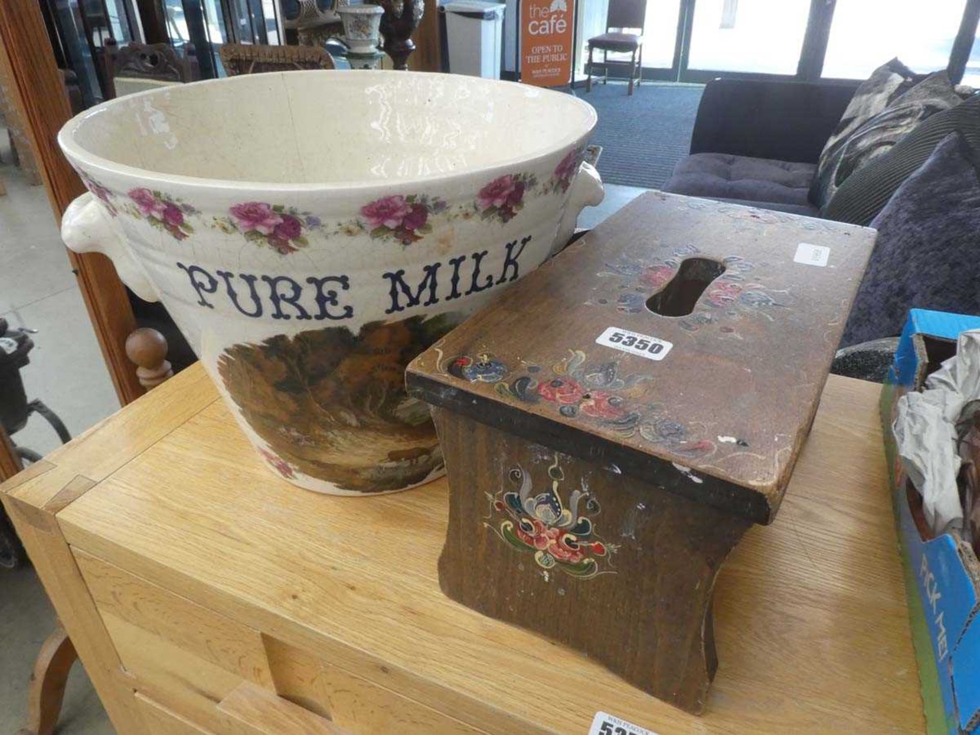 Milk pail plus wooden stool