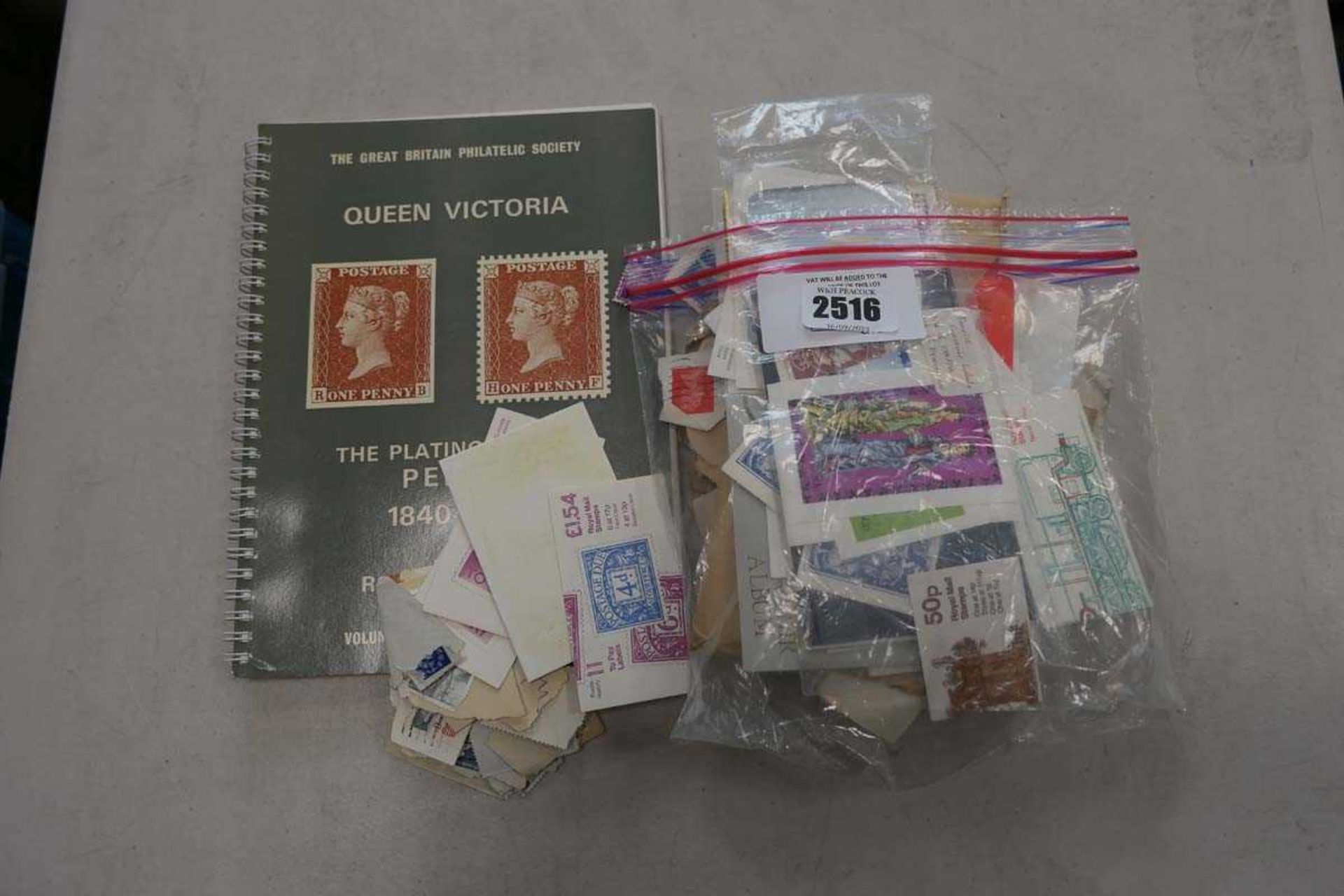 +VAT Bag containing mixed loose vintage stamps and a Queen Victoria 1840-1864 stamp album